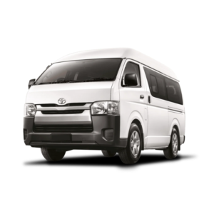 A white van, likely a Toyota HiAce, is stationary on a white background. It features a prominent front grille and windows along the side, highlighting its passenger-carrying capabilities.