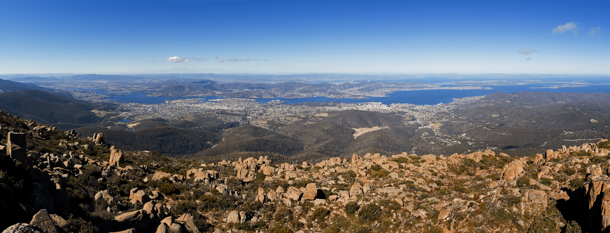 Aerial view of Hobart from mountain summit