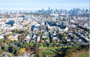 An aerial view of Yarra Melbourne with skyscrapers