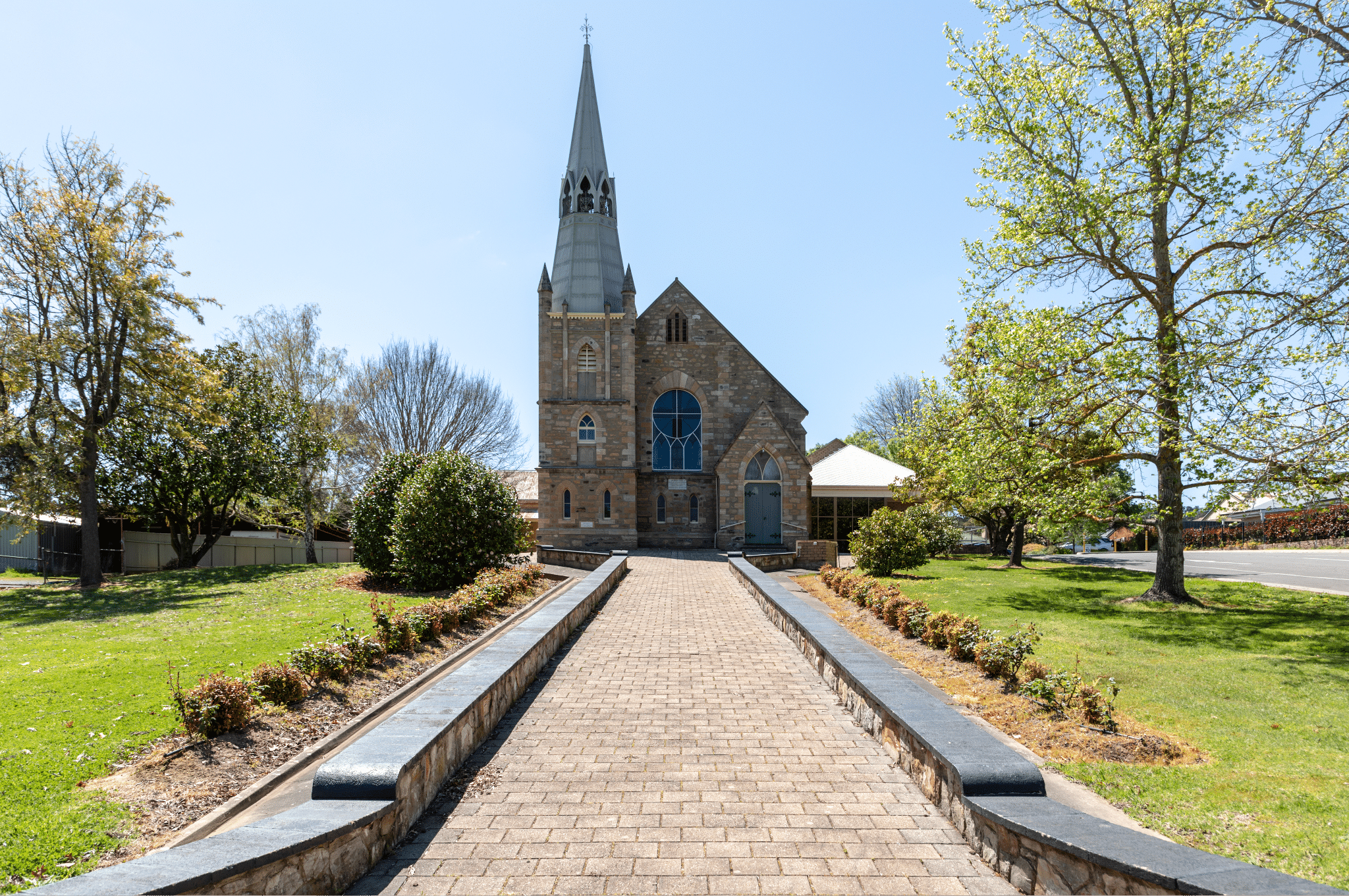 Brick walkway to church steeple in Adelaide