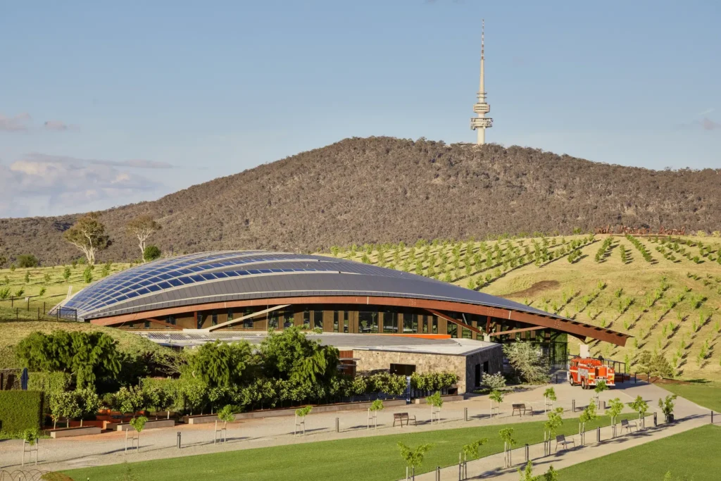 Cityscape of Canberra with mountain backdrop