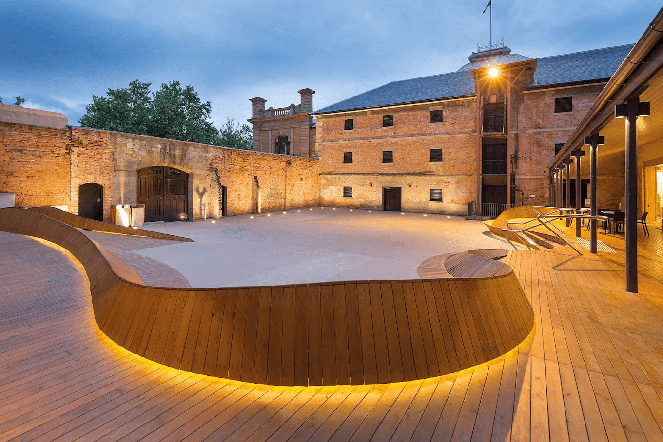 Courtyard with wooden bench in Hobart for group activities