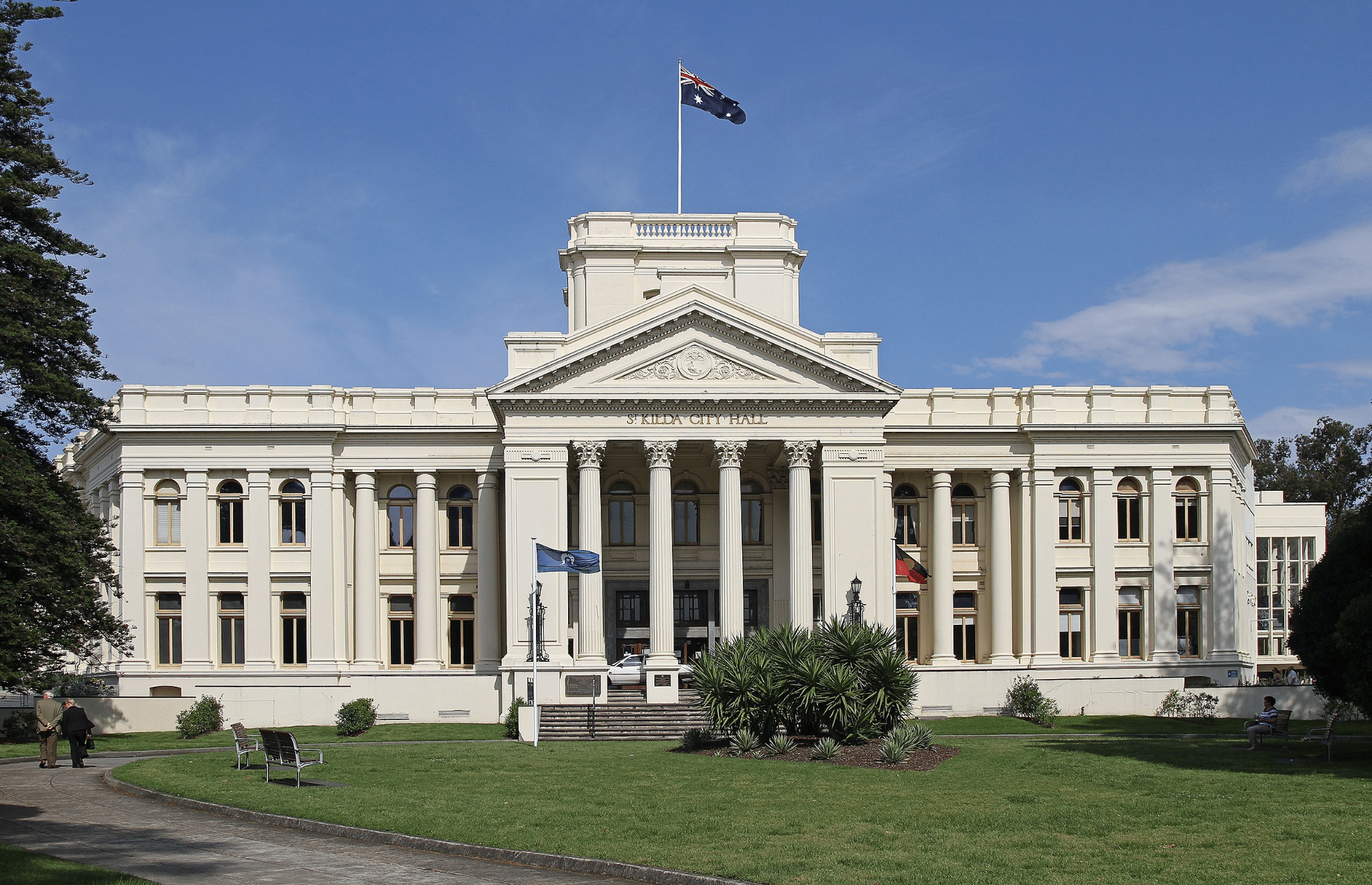 Large white building with flag in Port Phillip Melbourne