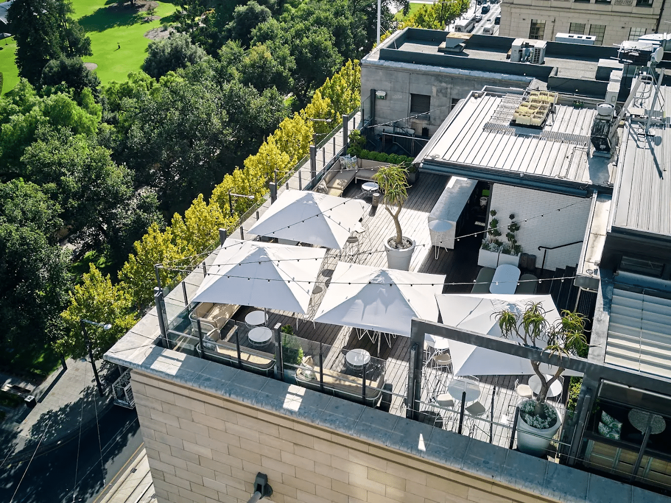 Rooftop restaurant with tree background in Adelaide