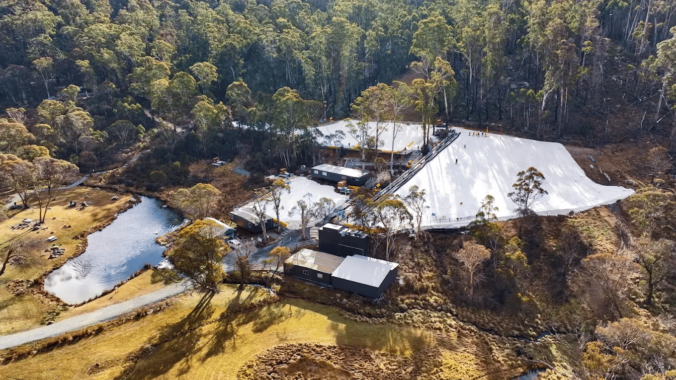 Ski lodge surrounded by trees in Canberra aerial view