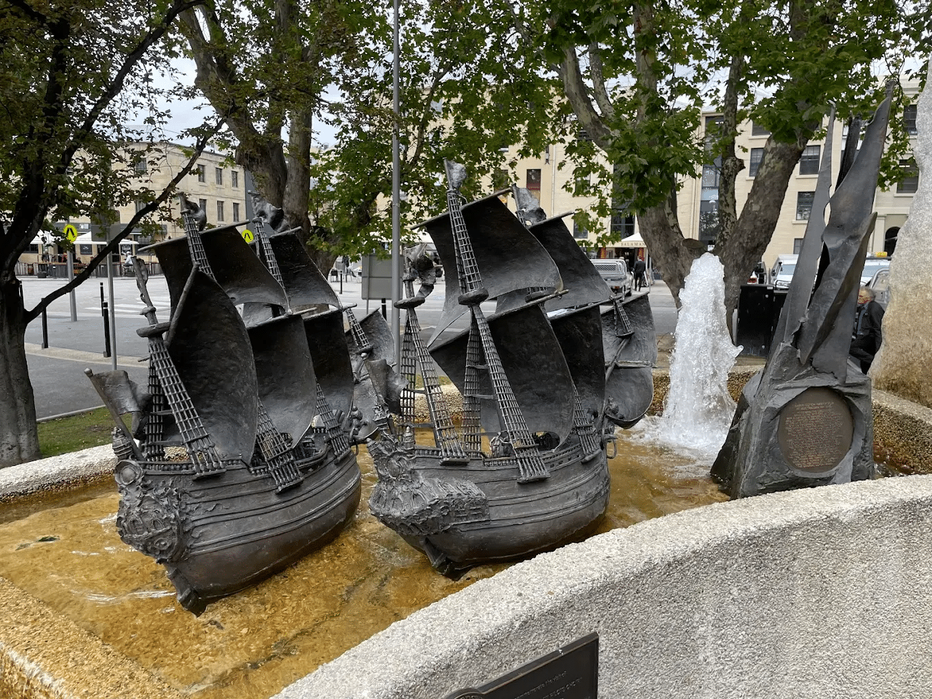 Statue of a boat in a fountain in Hobart
