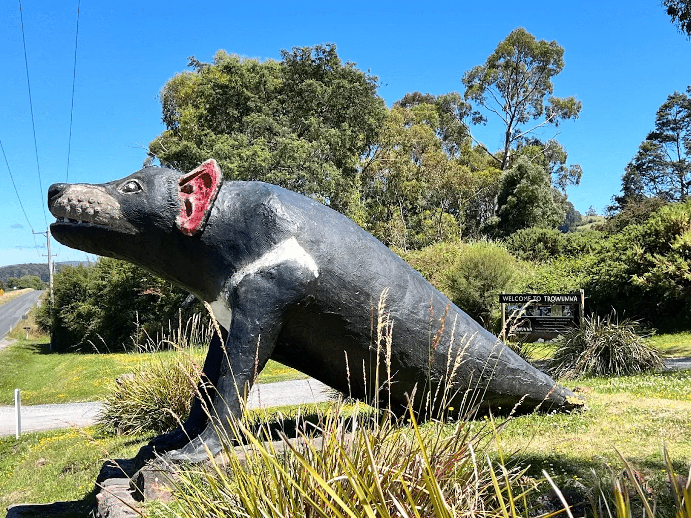 Statue of a dog with open mouth in Hobart nature trip