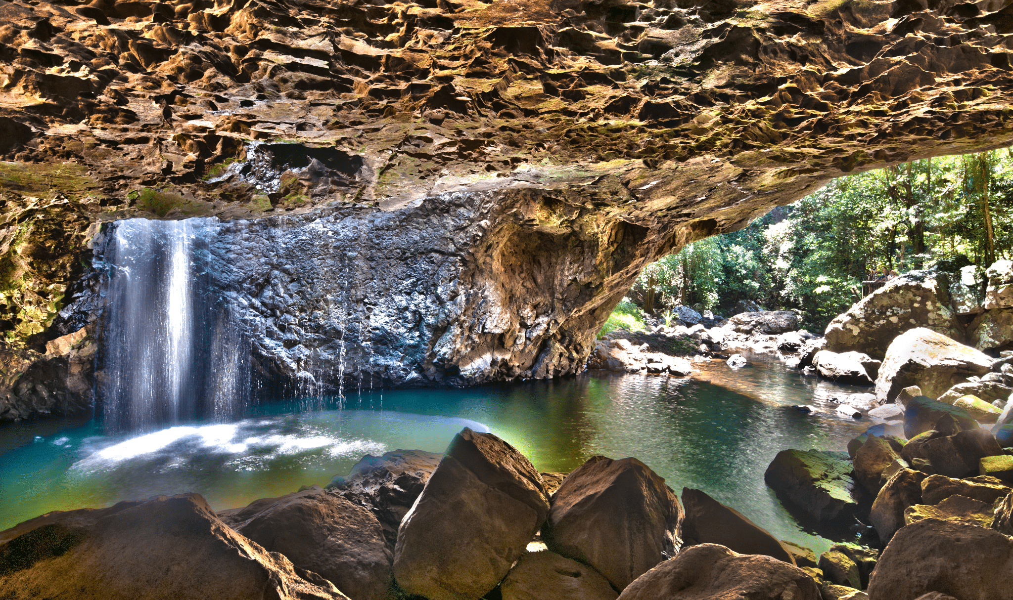 Waterfall inside cave on gold coast excursion