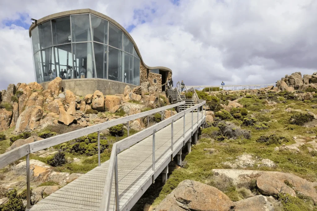 Wooden walkway to glass building in Hobart nature trip