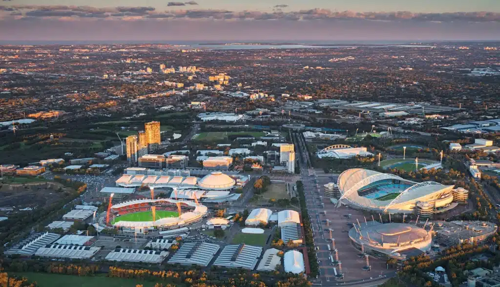 Aerial view of stadium and nearby buildings in Sydney