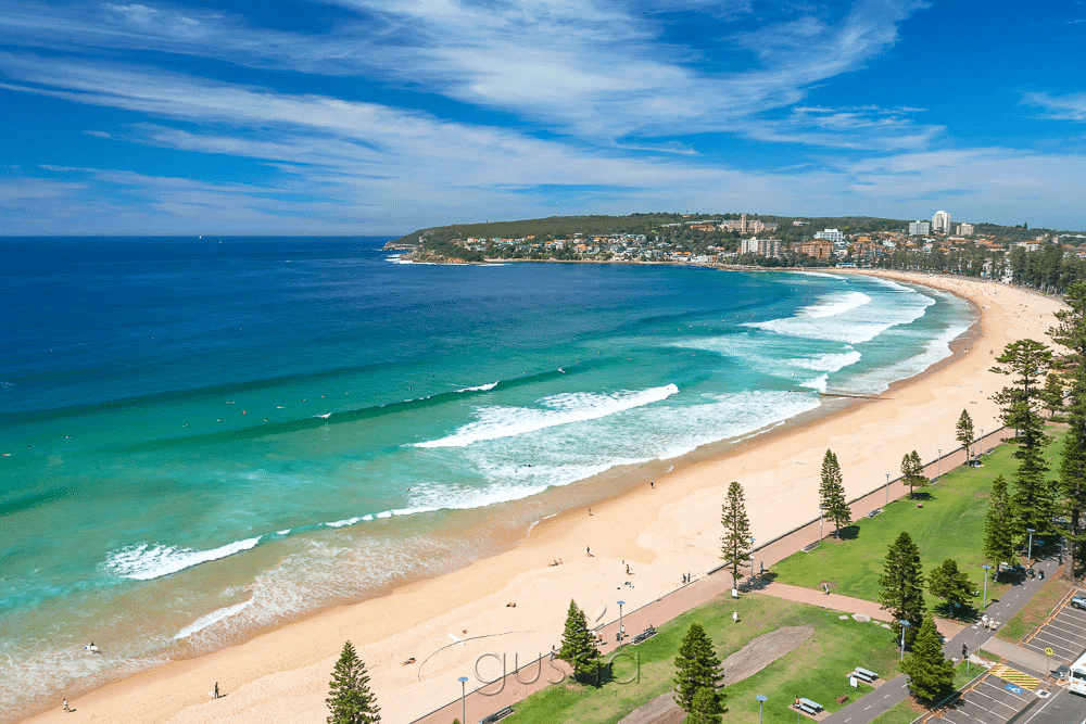 Aerial view of Sydney beach and ocean for group activities