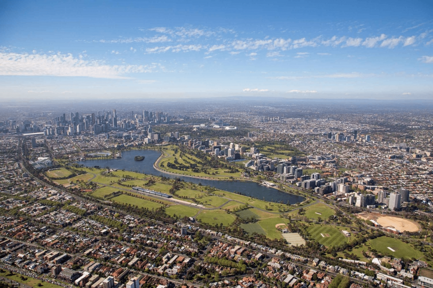 Alt text: aerial view of Melbourne cityscape and river in Bayside suburbs