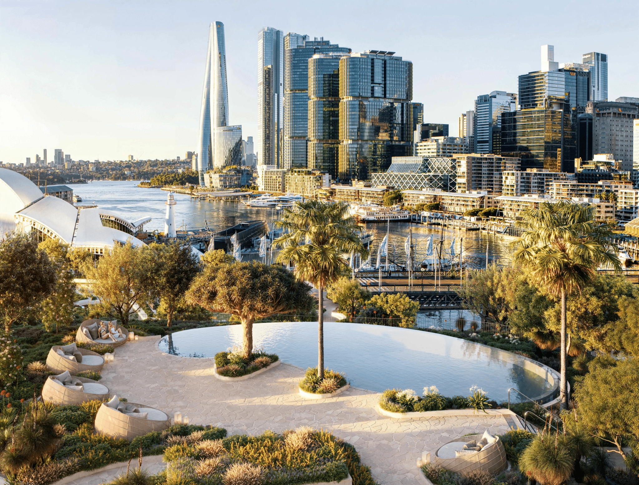 Alt text: Aerial view of Sydney city with palm trees