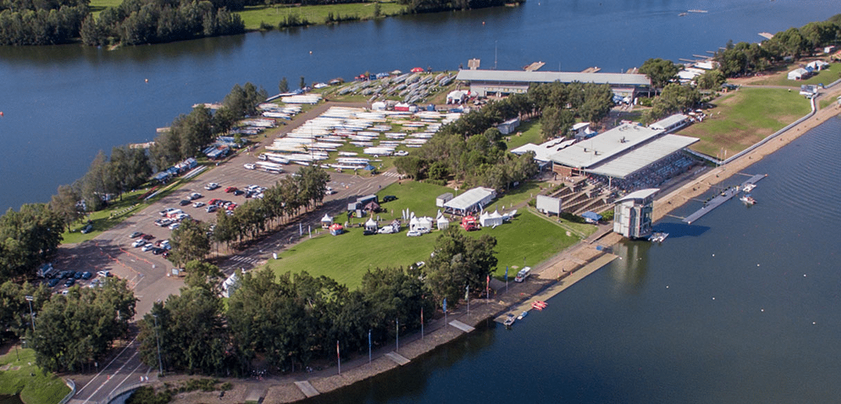 An aerial view of a marina with boats near Sydney stadiums