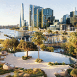 An aerial view of a palm-tree lined cityscape in Sydney, promoting eco-friendly travel