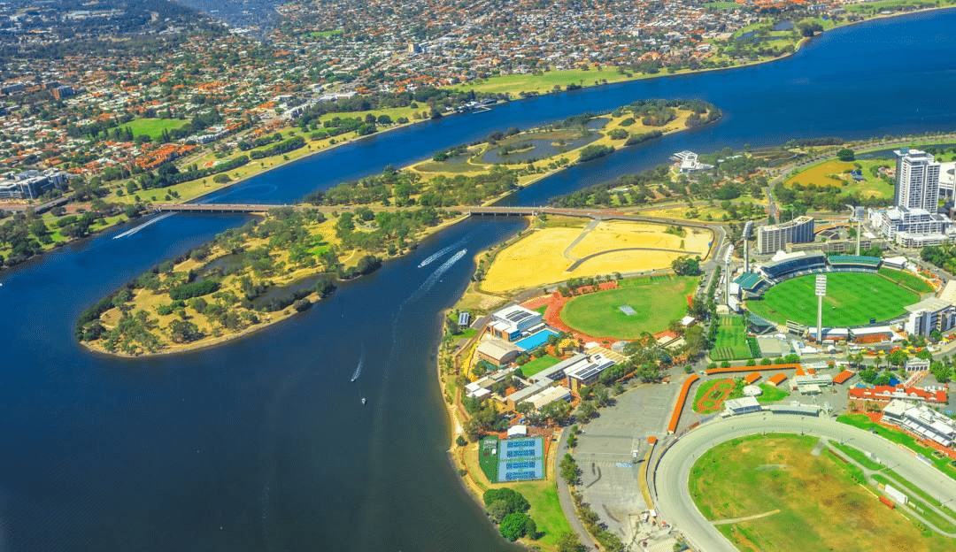 An aerial view of Perth cityscape and Swan River