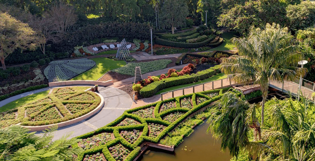 An aerial view of Roma Street Parkland gardens in Brisbane