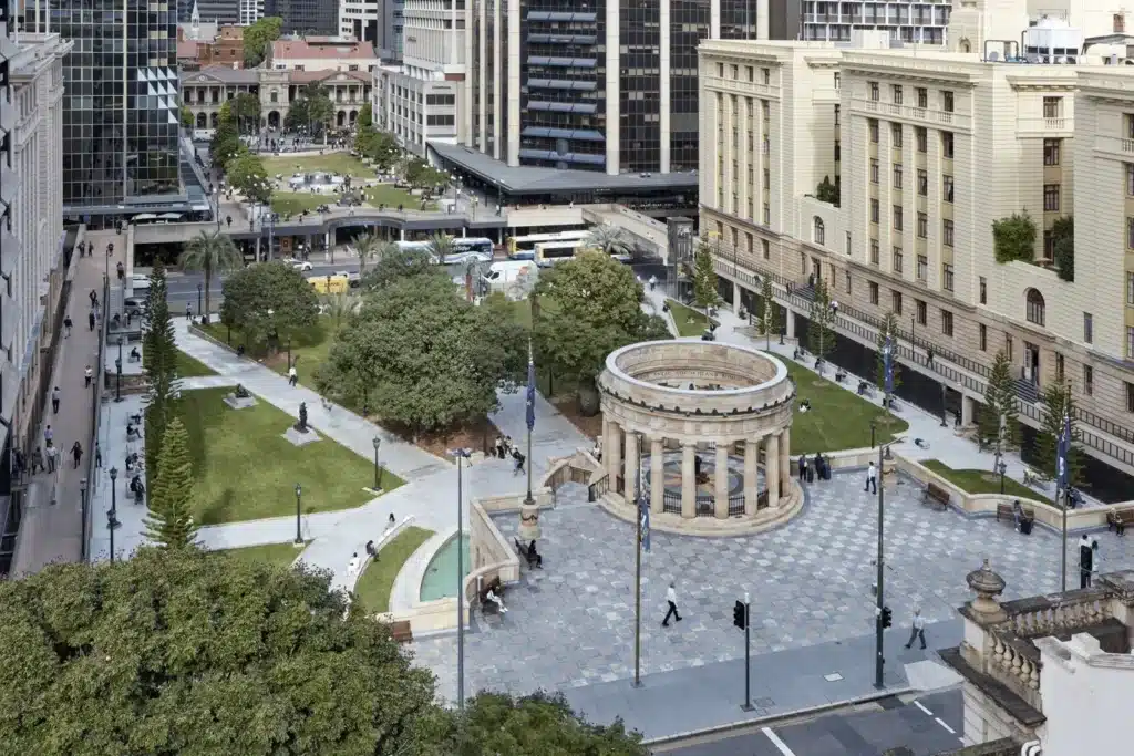 An aerial view of Roma Street parkland with clock tower in Brisbane