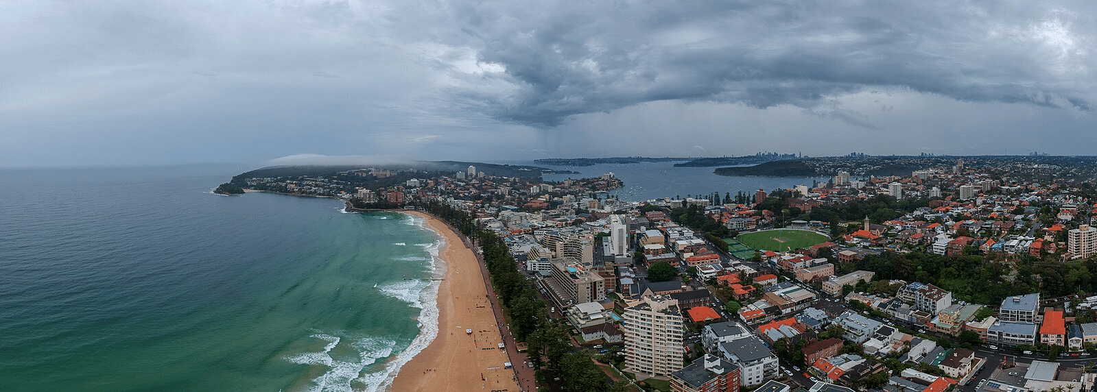An aerial view of Sydney cityscape alongside the ocean