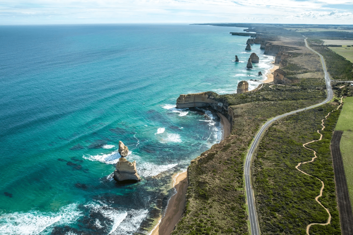 An aerial view of the Great Ocean Road in Melbourne for group activities blog