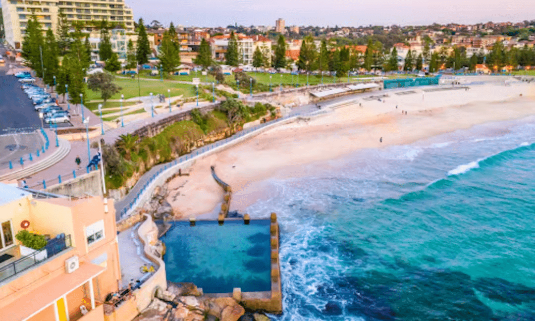 Beach and swimming pool aerial view in Eastern Suburbs of Sydney