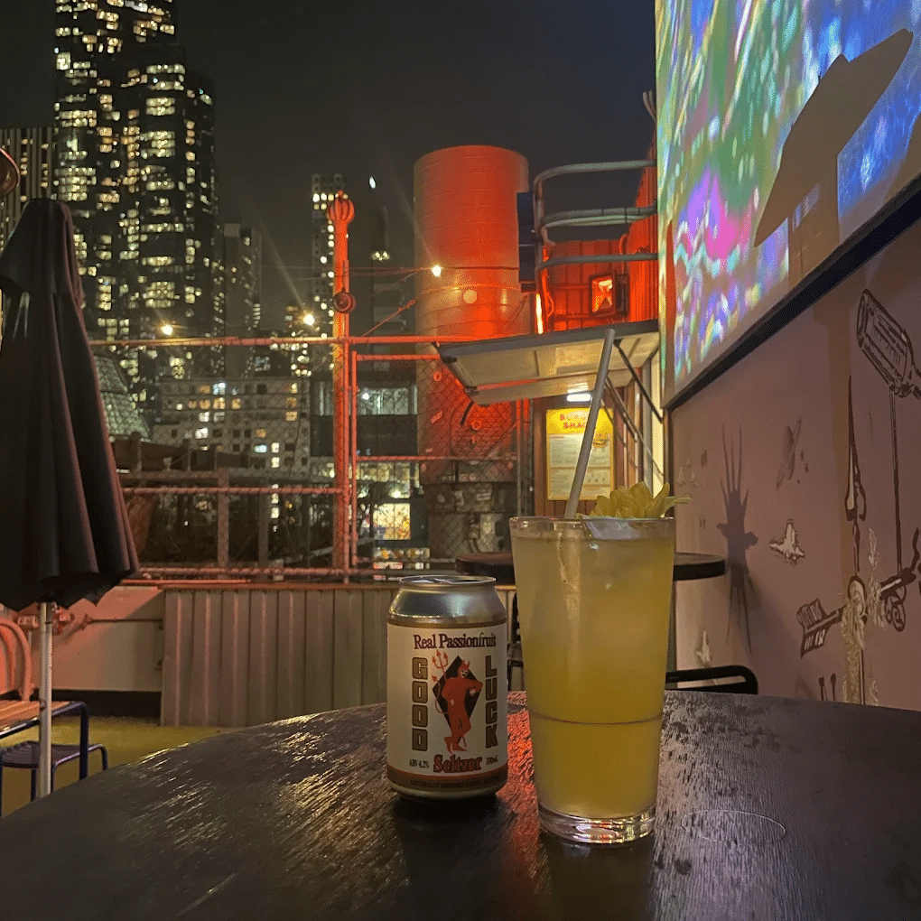 Beer bottle and glass on table in Melbourne
