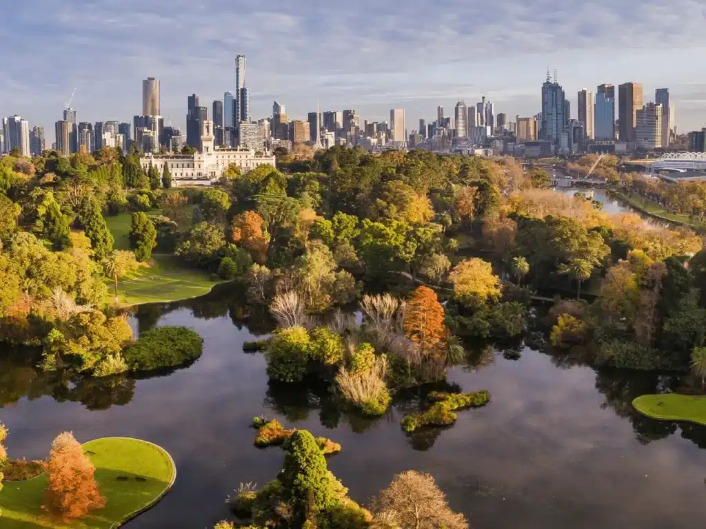 Bird's eye view of Melbourne city showcasing historical landmarks