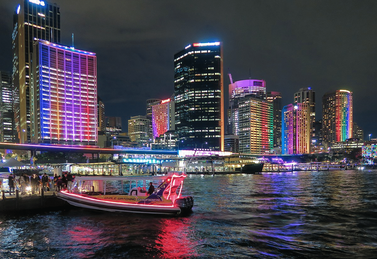 Boat on river with tall buildings in Sydney backdrop