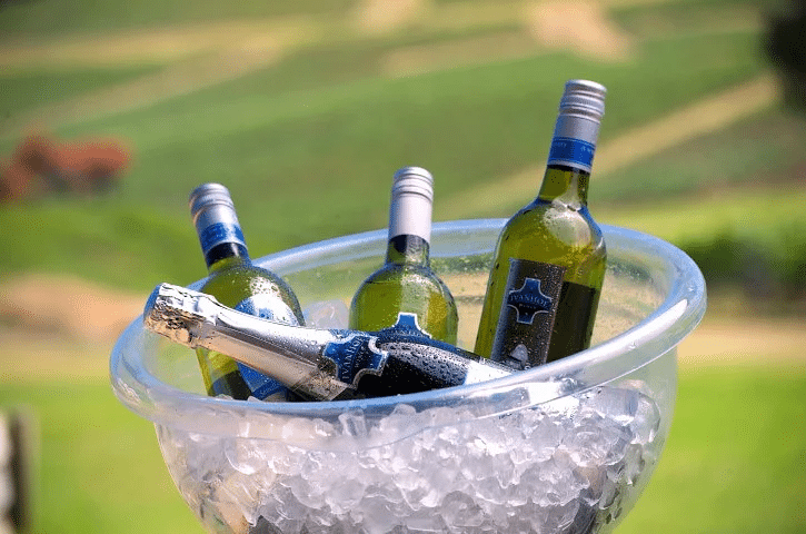 Bottles of wine chilled in ice bucket