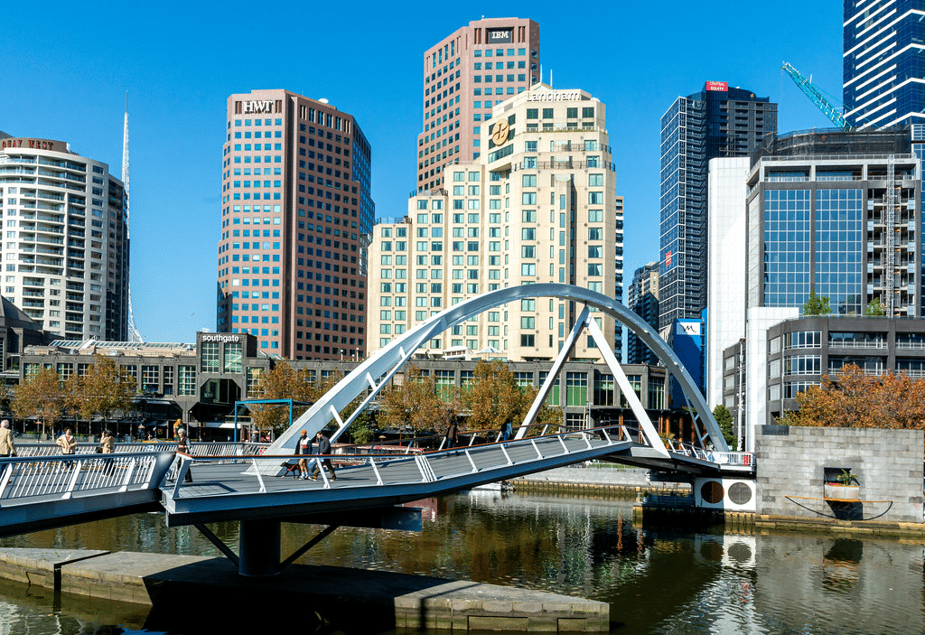 Bridge over water with Melbourne skyline