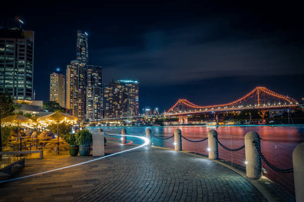 Brisbane city nightlife with illuminated bridge