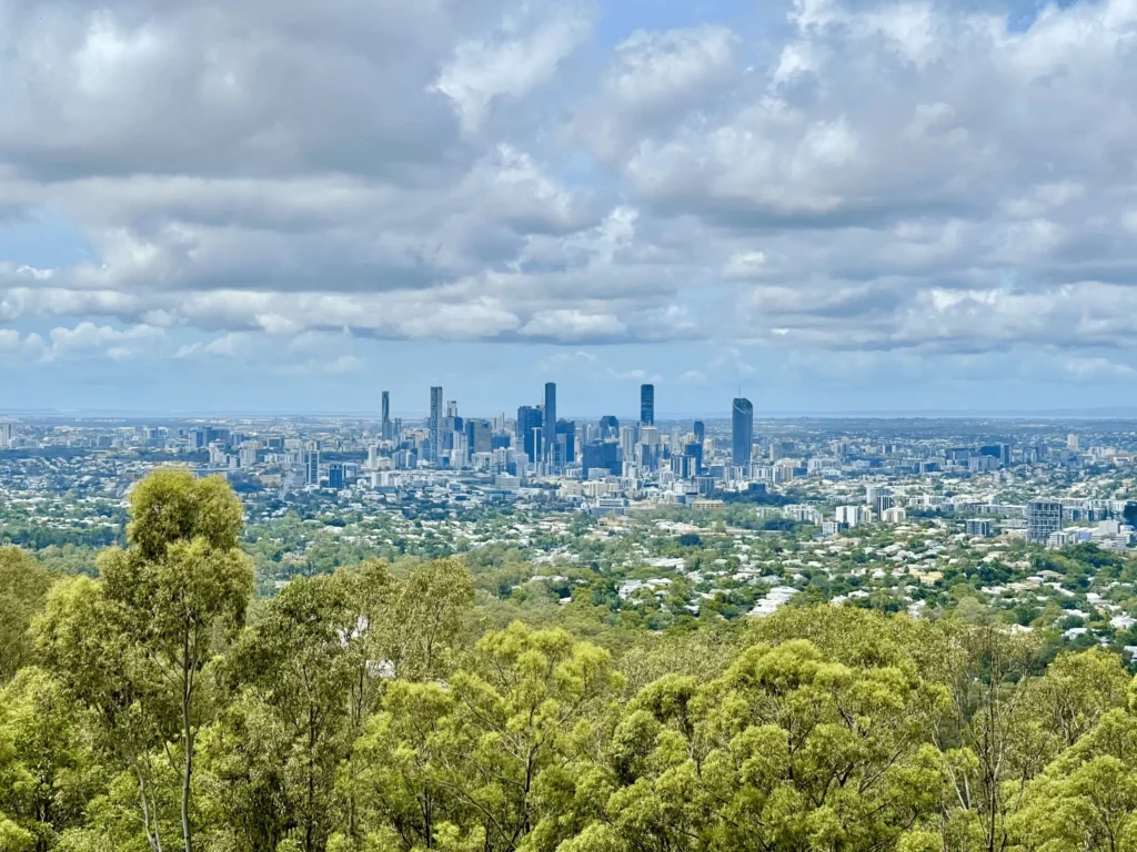 Brisbane city skyline from hilltop view