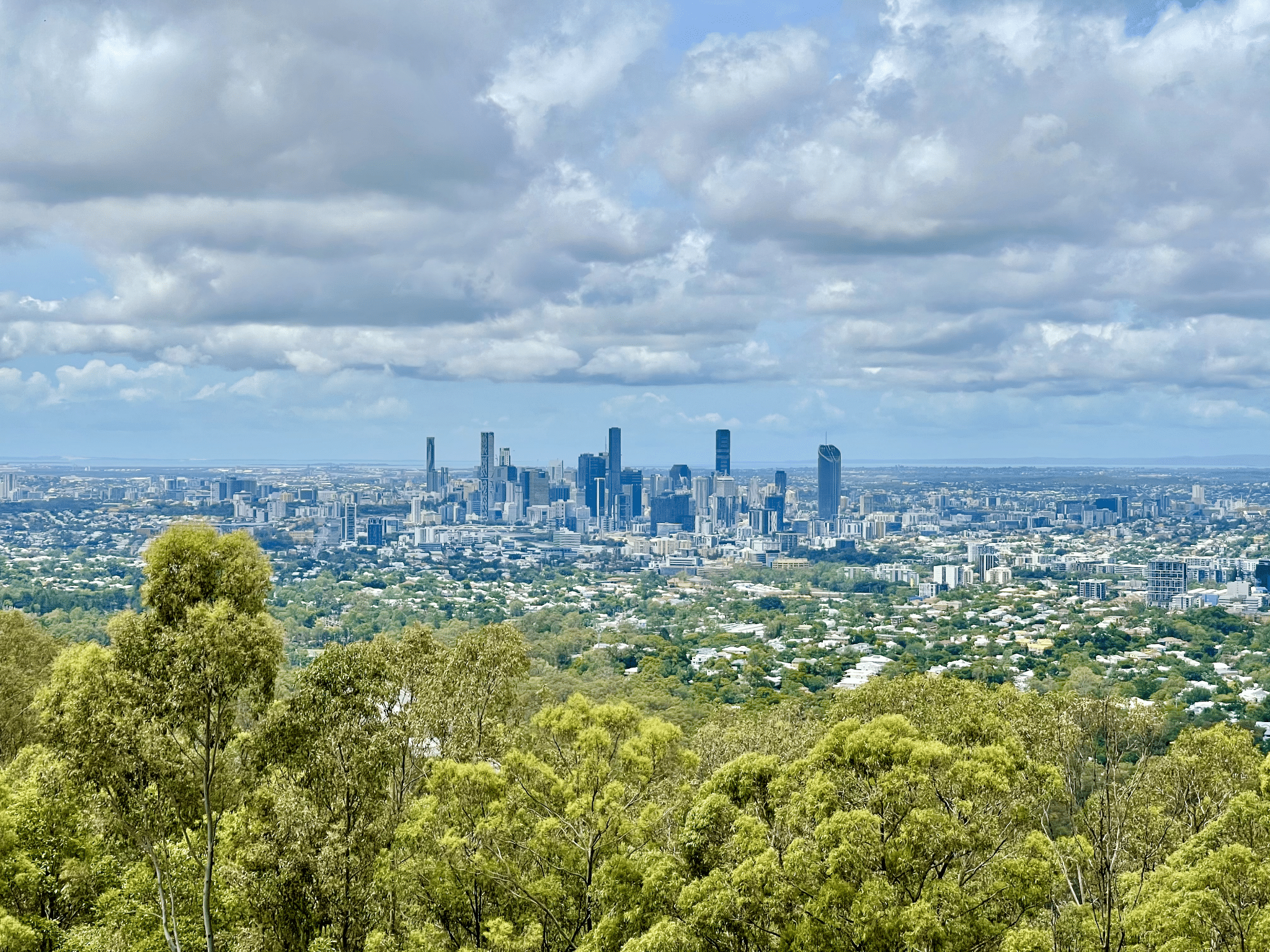 Brisbane city skyline from hilltop view