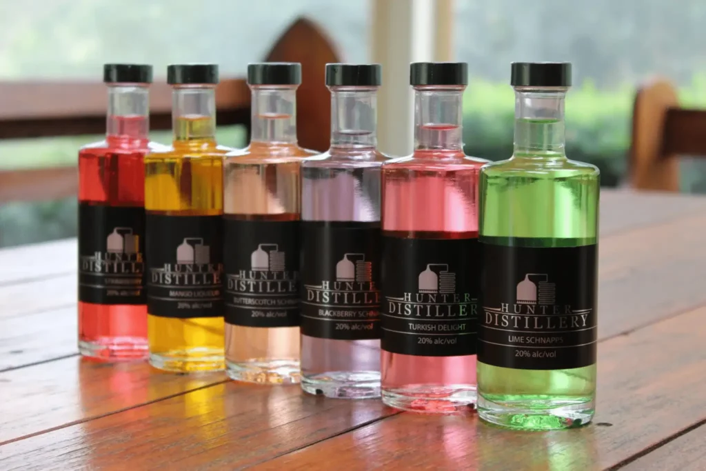 Colorful bottles of organic spirits at Hunter Valley Distillery