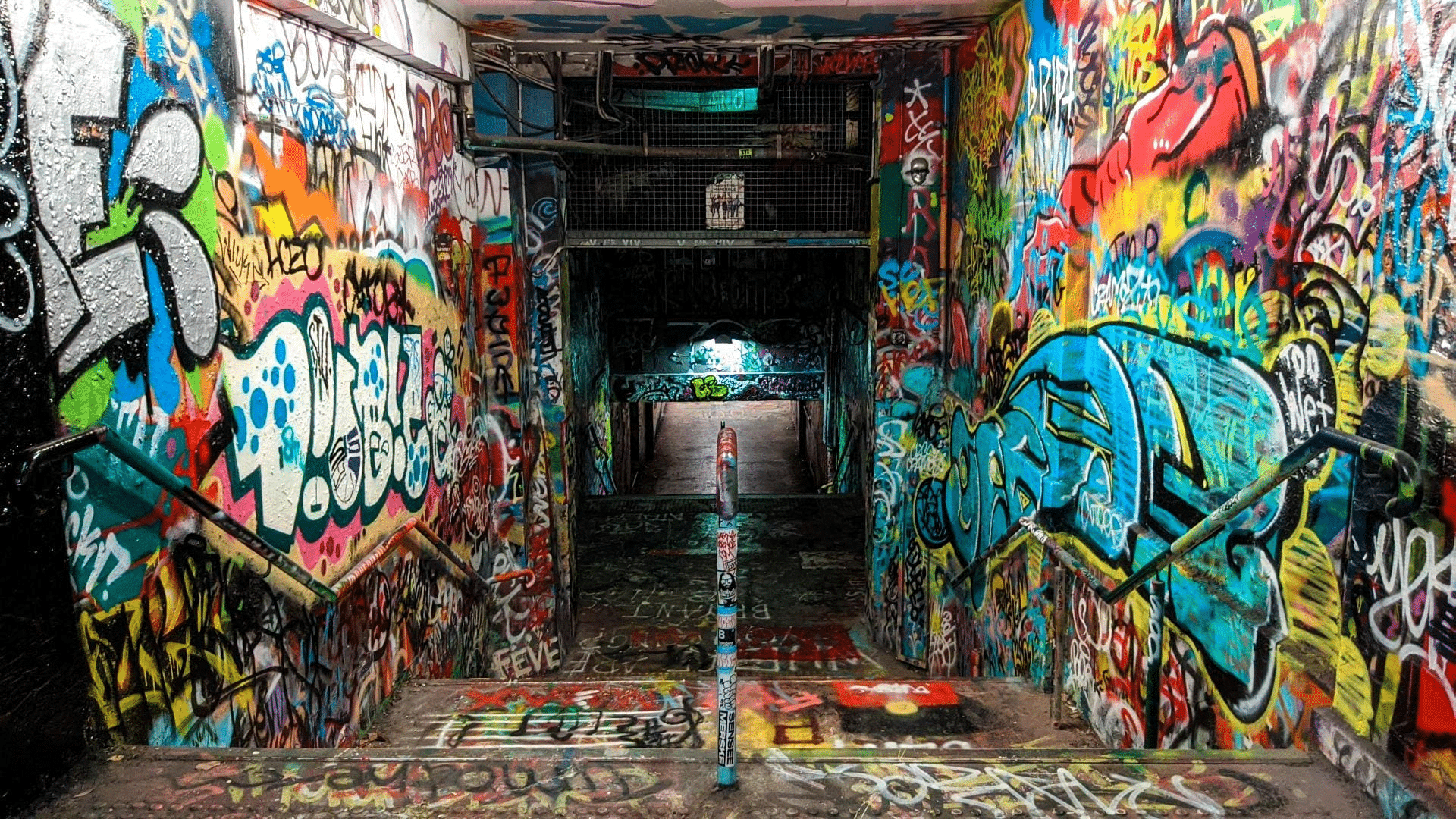 Colorful graffiti-covered tunnel in Sydney