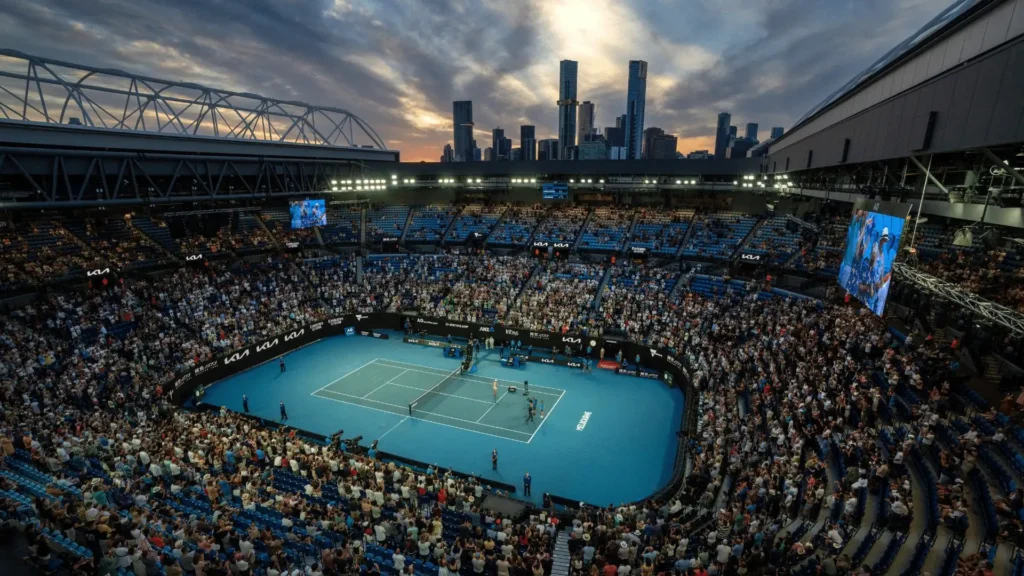Crowd enjoying a tennis match at a Melbourne sports stadium
