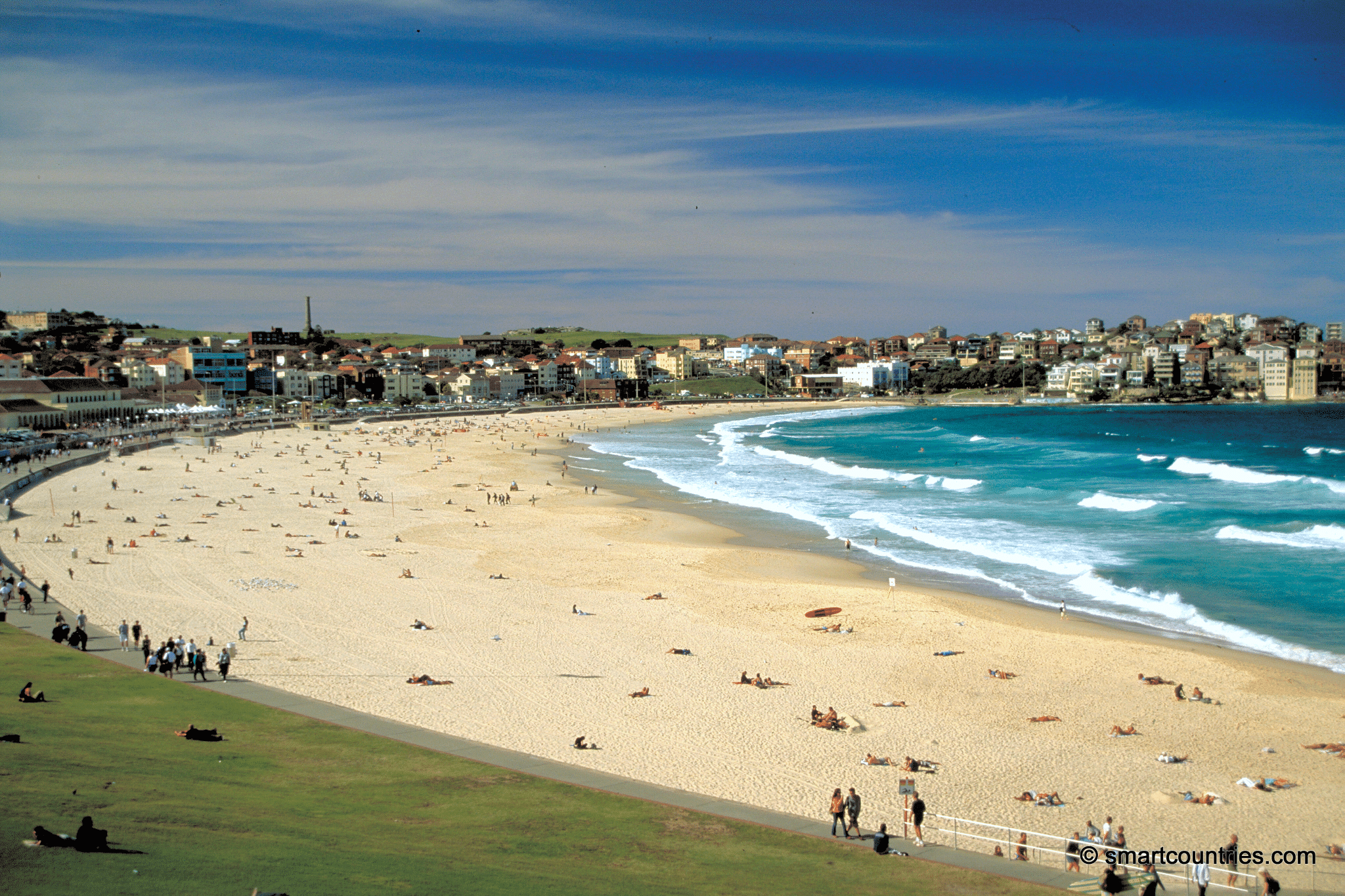 Crowded beach with city skyline in Sydney