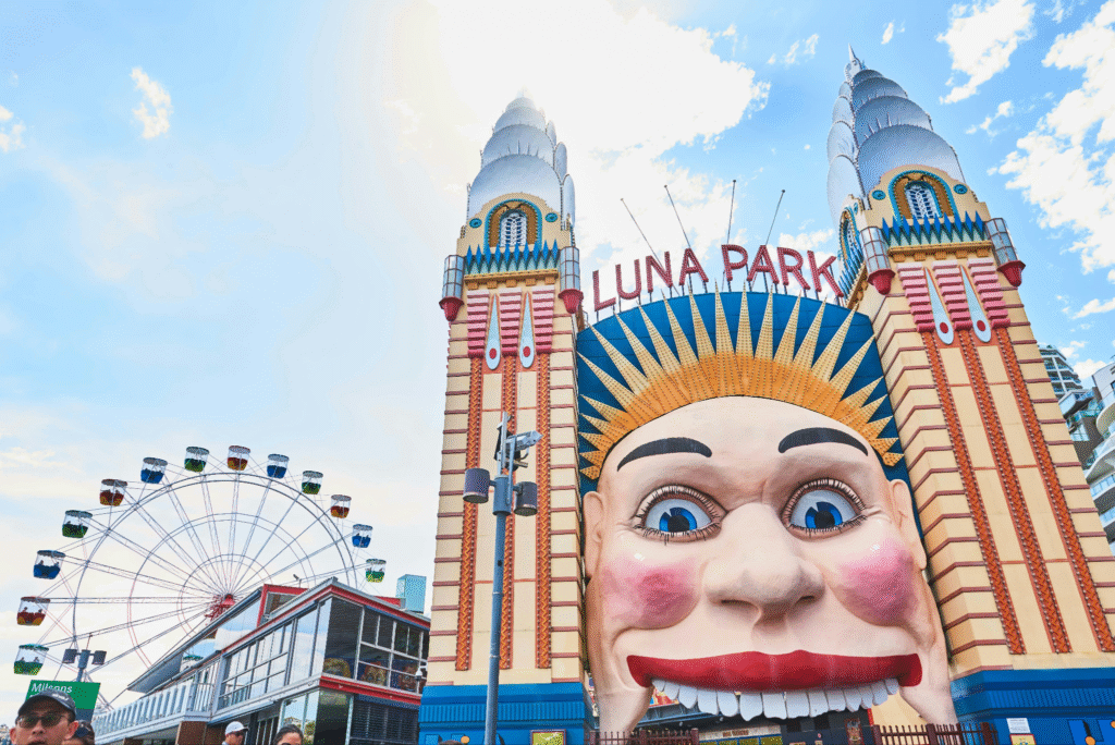 Giant clown statue with ferris wheel in Sydney