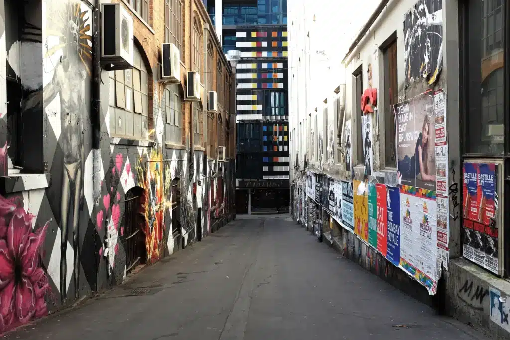 Graffiti-covered narrow street in Melbourne