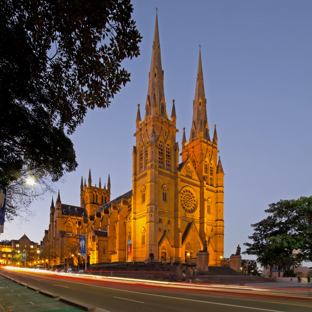 Large cathedral with side clock in Sydney
