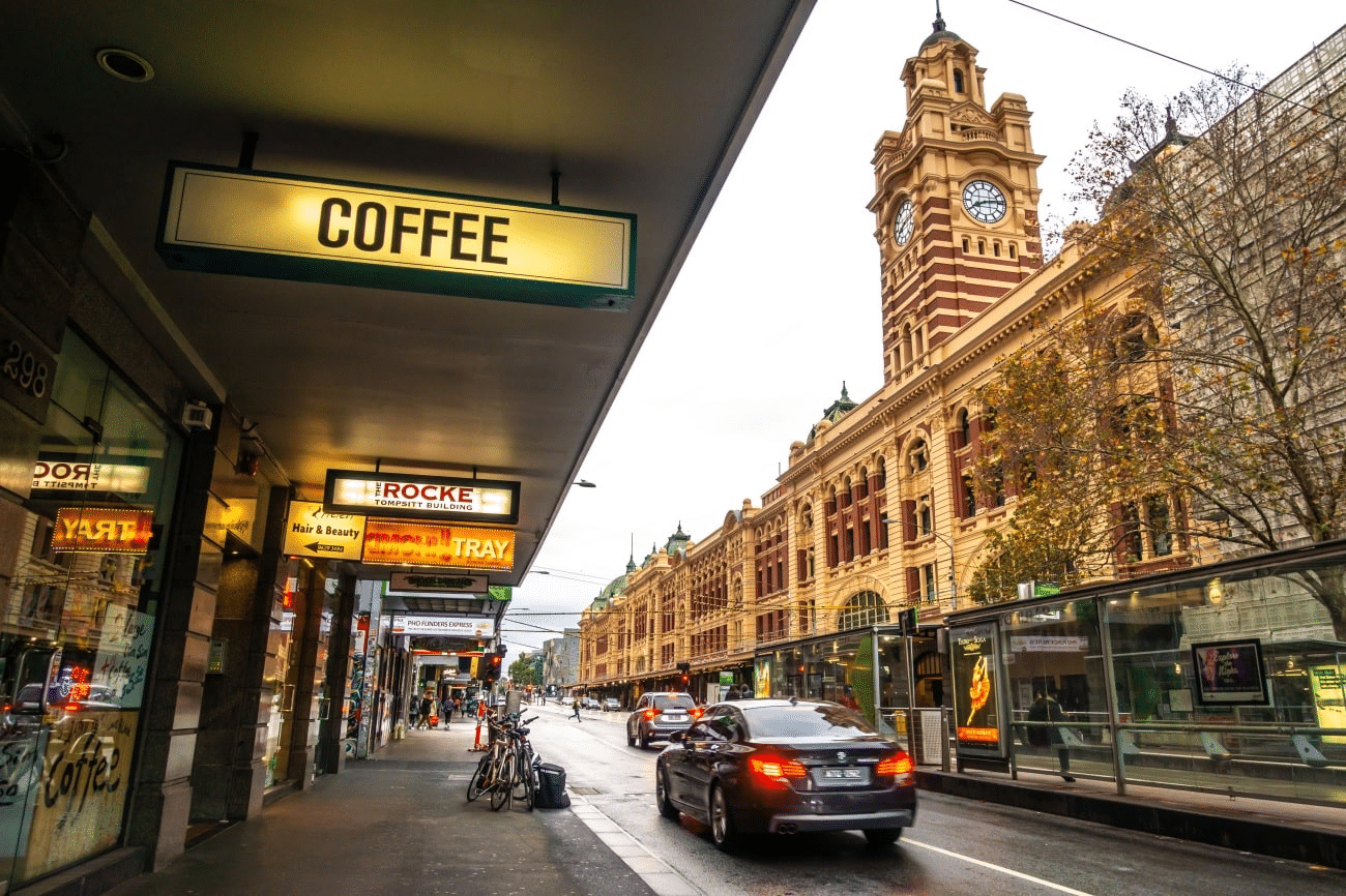 Melbourne city street with clock tower