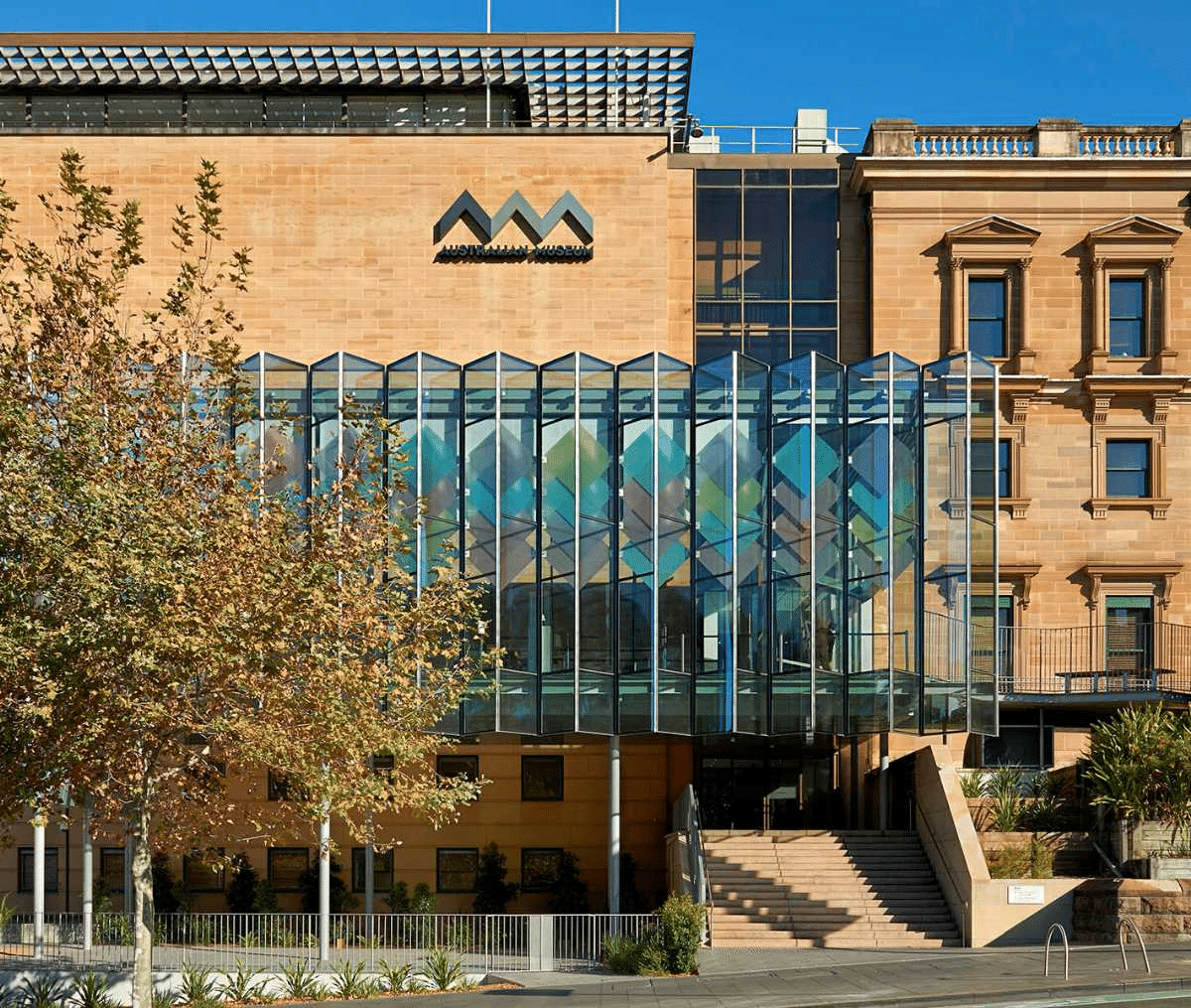 Modern office building with glass facade and staircase