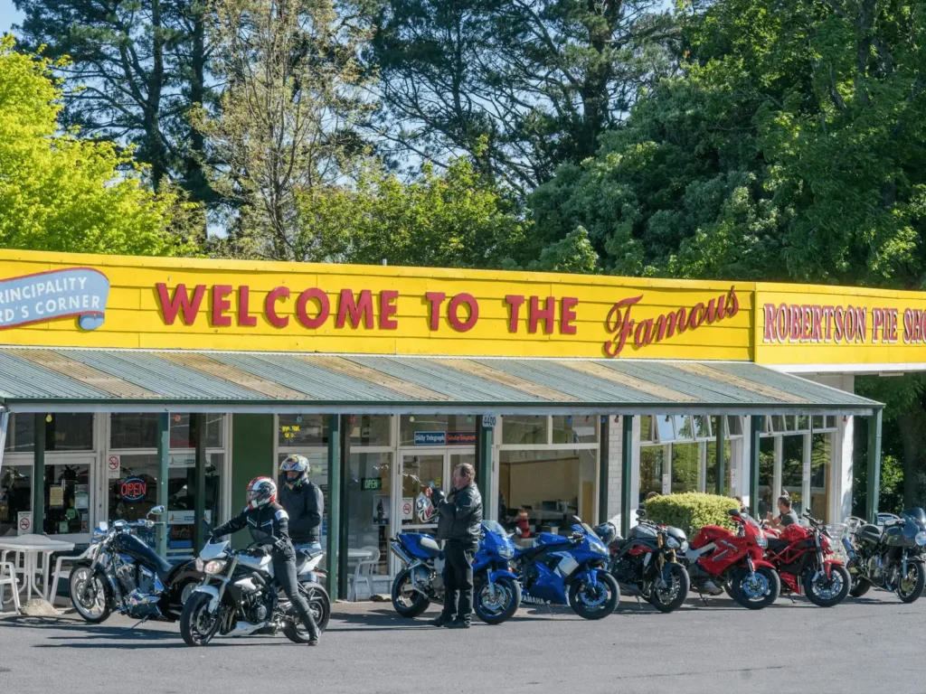 Motorcycles parked outside Robertson Pie Shop in Wollongong