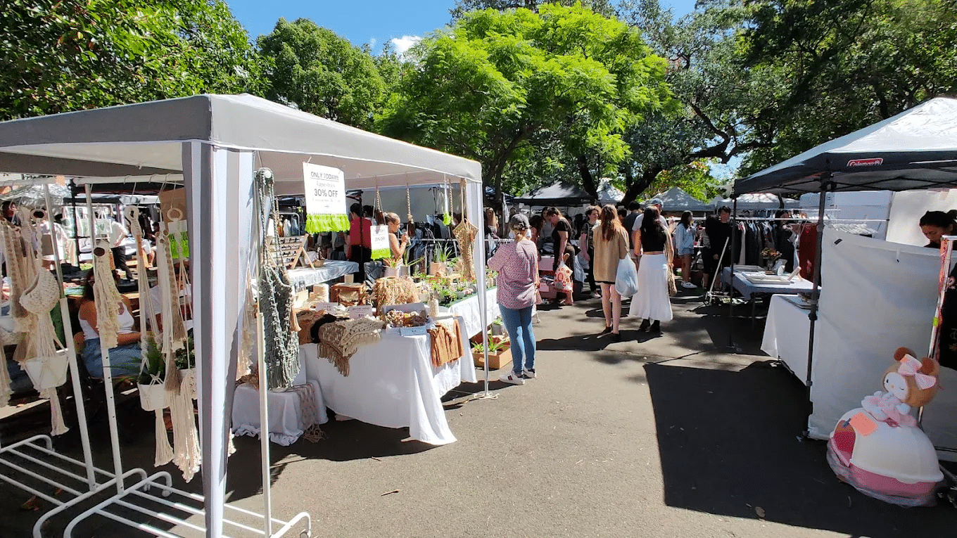 People gathered near a tent in Glebe, Sydney