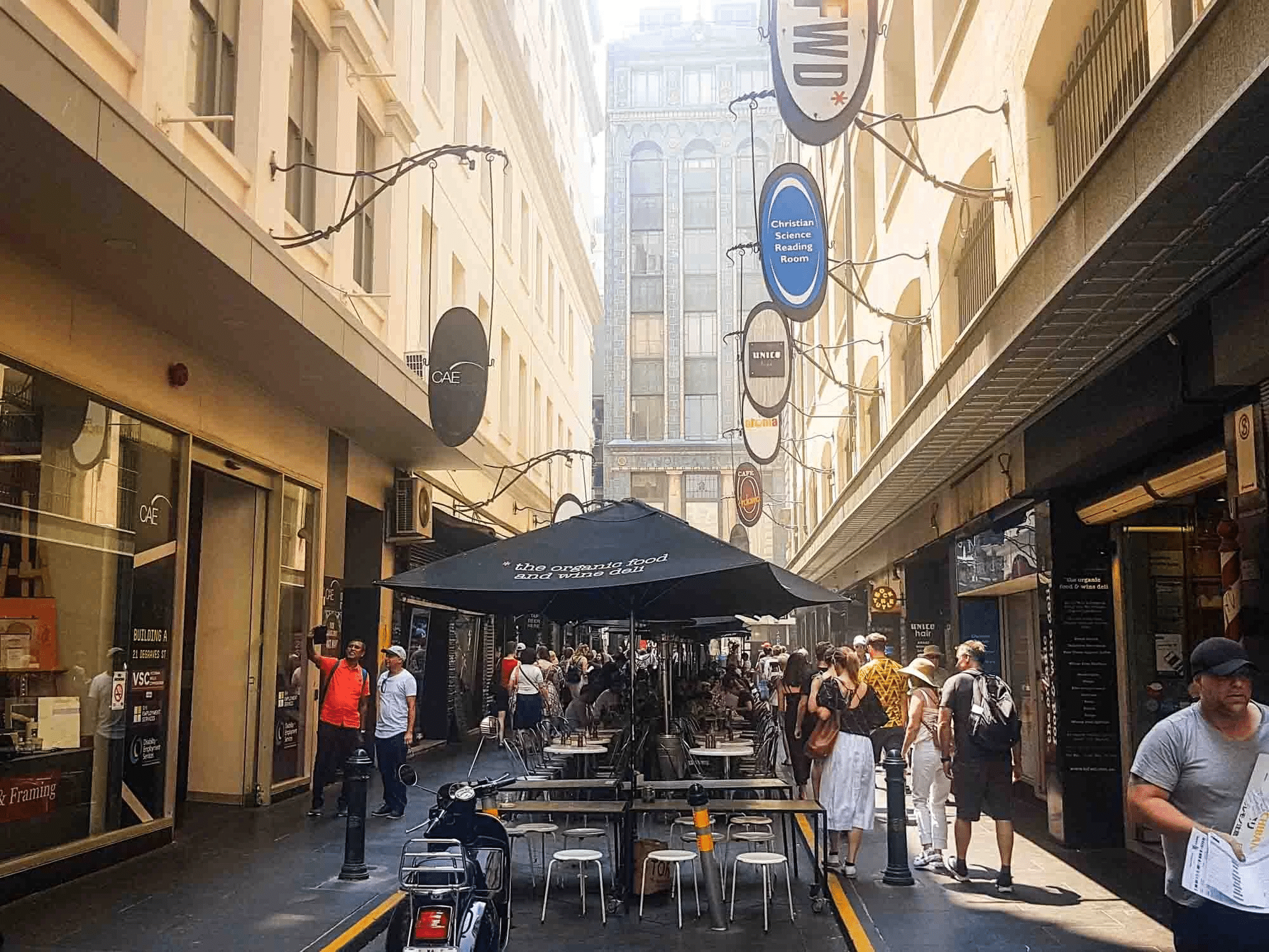 People walking on Melbourne street near tall buildings