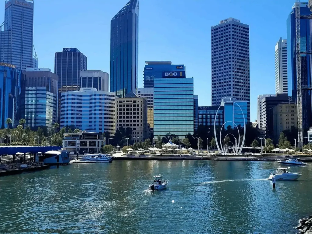 Aerial view of Perth cityscape with water and skyscrapers