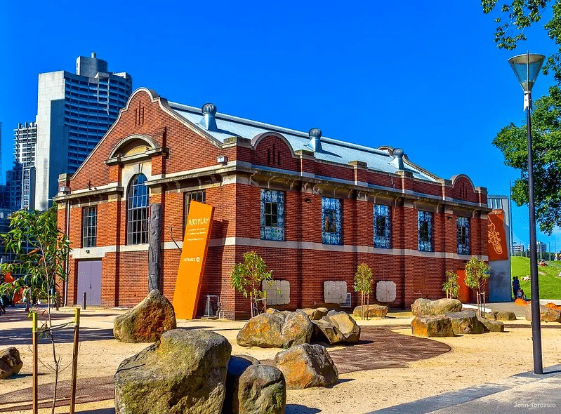 Red brick building with rocks in Melbourne