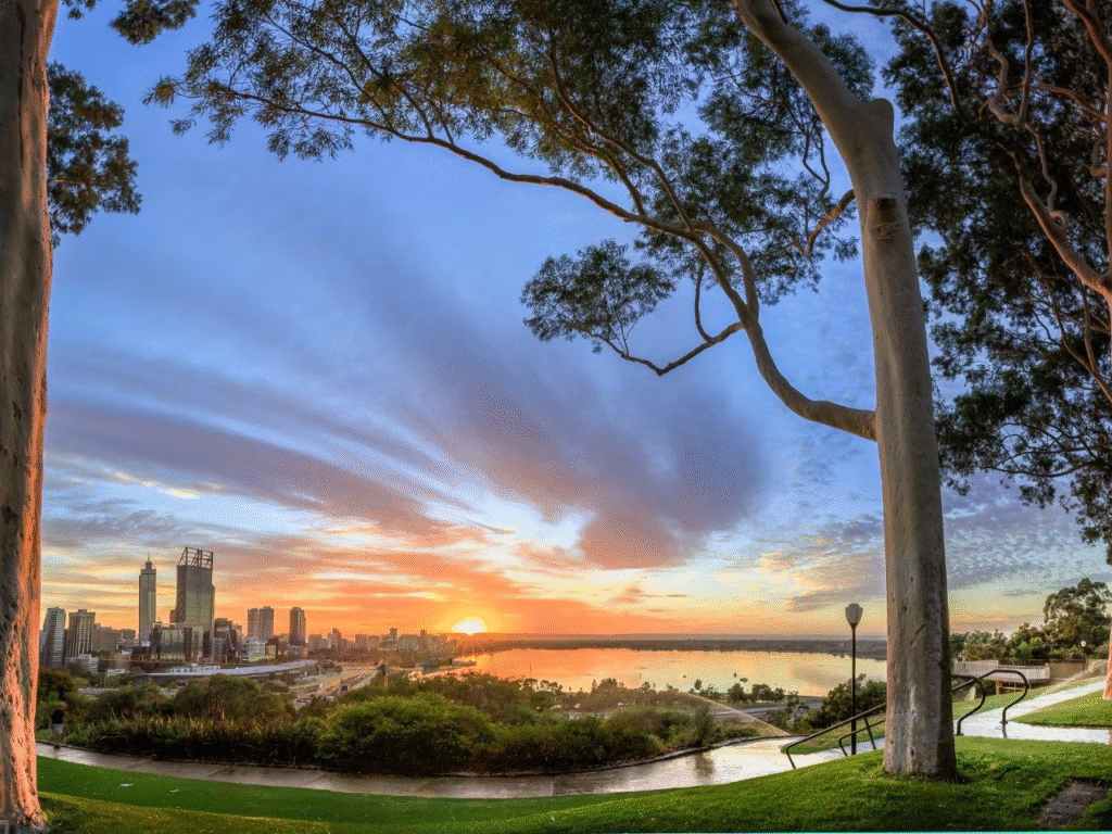 Sunset over Perth city skyline and river