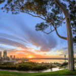 Sunset over Perth city skyline and river