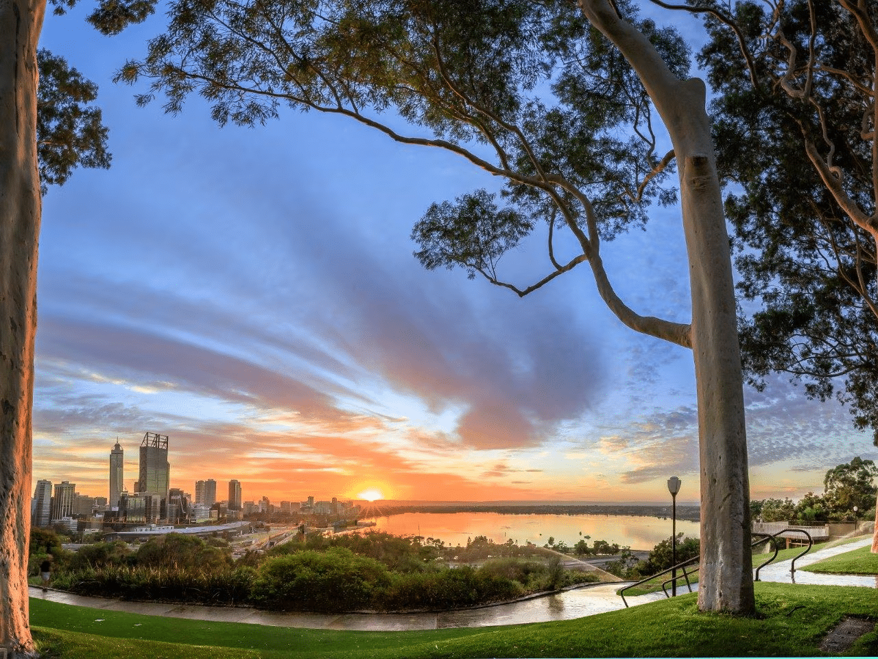Sunset over Perth city skyline and water